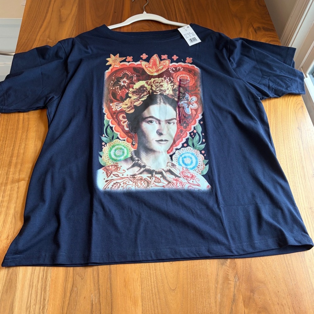 Frida Kahlo Graphic Tee Womens XL Navy Blue Art Portrait Short Sleeve Folk Art